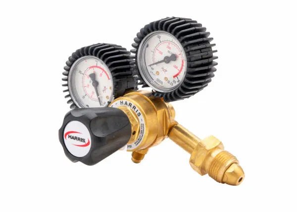 Harris 601-400-580 Argon/Nitrogen Regulator with dual gauges, black knob, gauge covers—welding tool for precise HVAC purging.