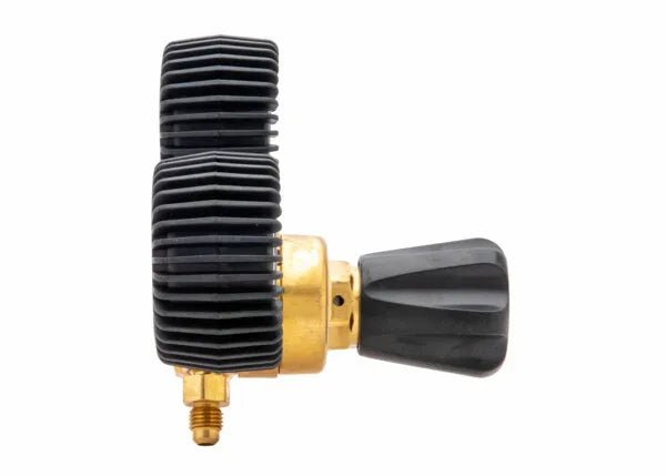 Harris 601-400-580 single stage argon/nitrogen regulator for welding, brass body, heat sinks, black knob, side view, white background.