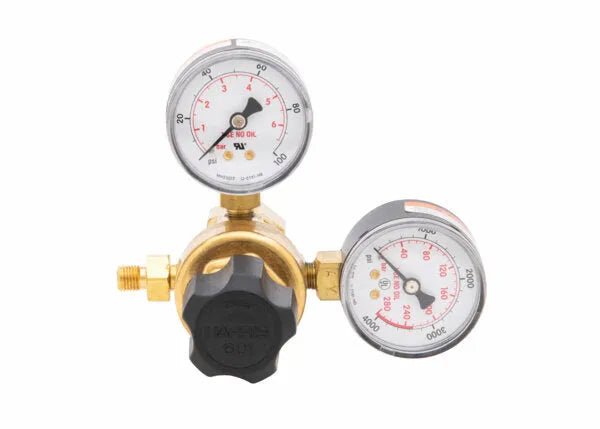 Harris 601-80-540-B single stage oxygen regulator for welding, dual gauges, black knob, clear dials, precise pressure control.
