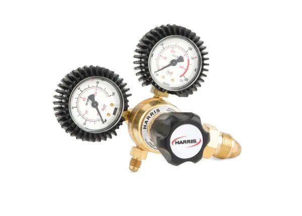 Harris 601-800-580 Argon Regulator for welding, HVAC purging, dual black gauges, black knob, WeldingMart tool. White background.