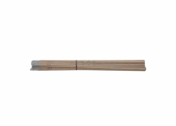 A bundle of Harris 6011 Stick SMAW Electrode 5/32 14 (10 pcs, model 60117010) lies horizontally on a white background, held at the center with a black band. The evenly aligned welding rods have pointed metal tips and appear unused.