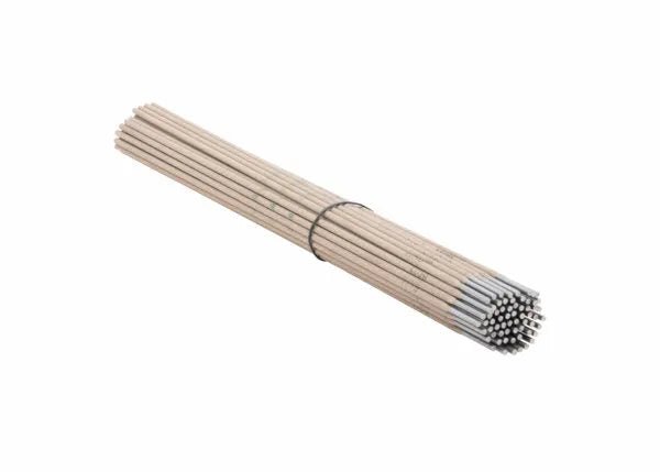 A bundle of Harris 6011 Stick SMAW Electrode 5/32 14 10 Electrode 60117010 welding rods with light gray flux coating and exposed tips, secured by a black elastic band, is shown on a white background. The electrodes are cylindrical and uniform.