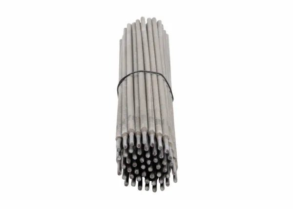A bundle of Harris 6013 Stick SMAW Electrode 1/8 rods (10-pack, 60136010) is tightly grouped, secured with a black rubber band, and arranged parallel on a white background. The electrodes feature blunt, rounded tips for general welding use.