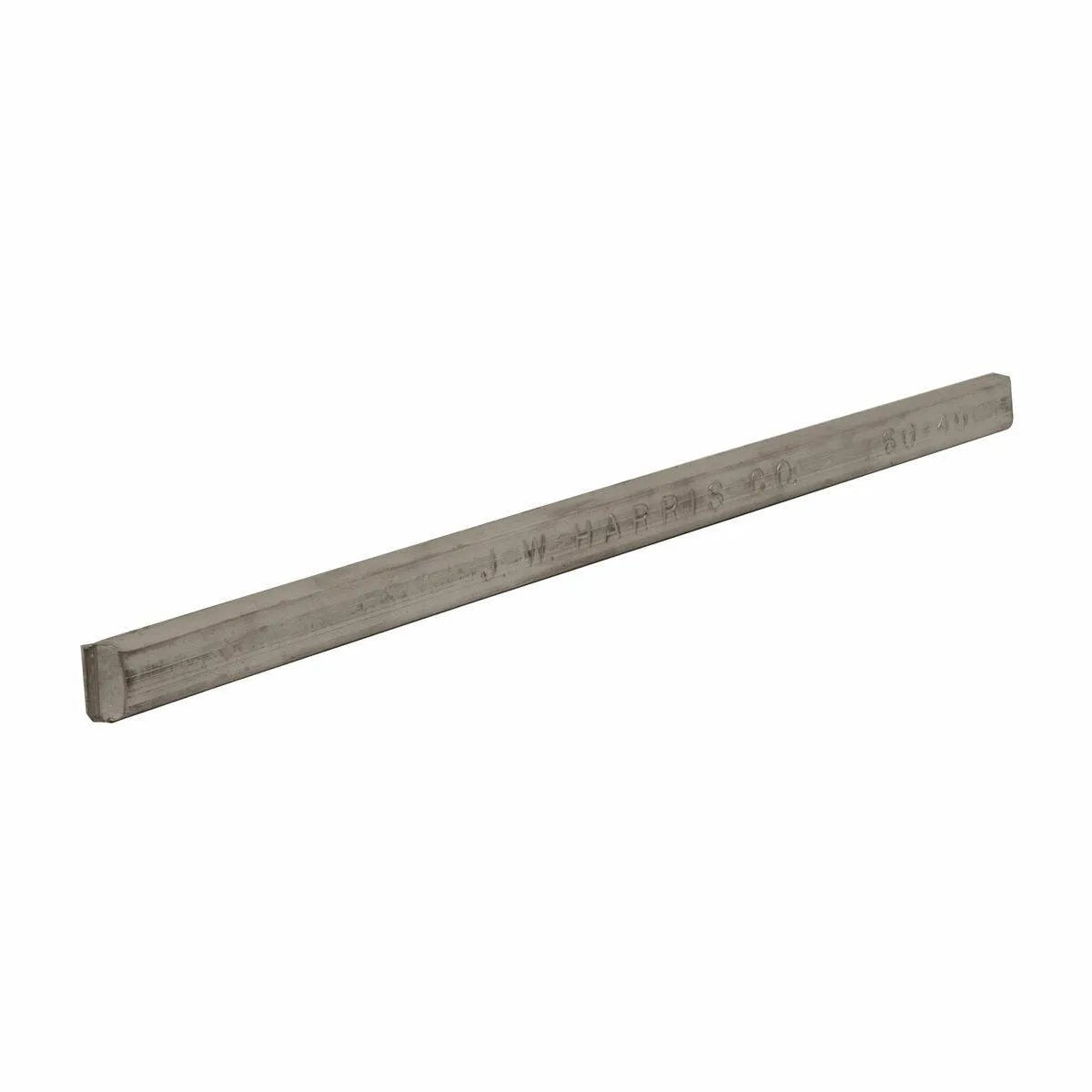 A single Harris 60401B 60/40 Leaded Bar Solder - 1 lb bar with a matte finish and beveled edges rests diagonally on a white background, displaying faint markings. Ideal for electronic soldering applications.