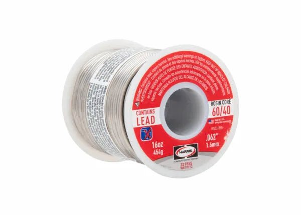 The Harris 60R51 60/40 Leaded Rosin Core Solder comes on a white plastic spool, labeled “Contains Lead, Rosin Core 60/40.” This 1 lb, 3/32 in (2.4 mm) wire is ideal for electronic soldering.