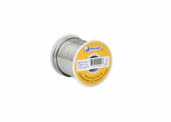 A spool of Harris 604031 60/40 Leaded Solid Wire Solder (1/16 in, 1 lb) with a yellow label showing product details. The metallic solder is wound around the spool, and the background is plain white.