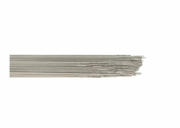 A bundle of Harris 630 Er630 17-4Ph Stainless TIG GTaw Welding Rods (1/16, 10lb Box, 174Ph30) is shown with straight, silver rods featuring staggered tips and a shiny surface against a white background.