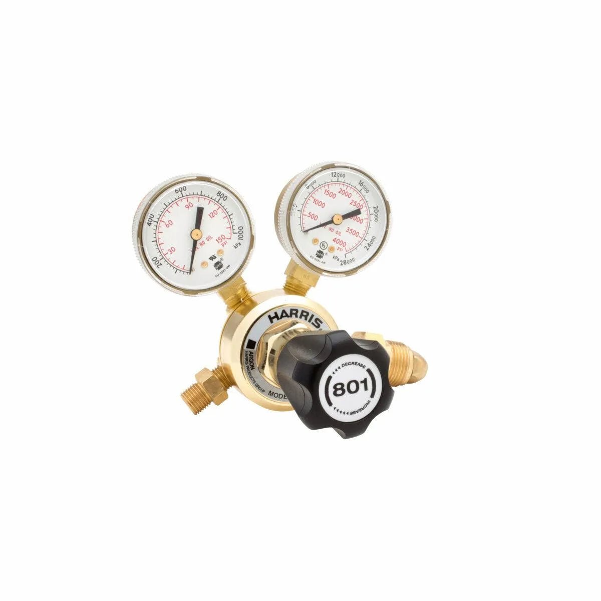 Harris 801-145-580 single stage gas regulator with dual pressure gauges, knob, for argon, helium, nitrogen welding equipment.