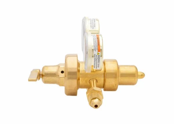 Harris 9200-125-580 Two Stage Regulator for welding gases, with pressure gauge and control valve, on white background.