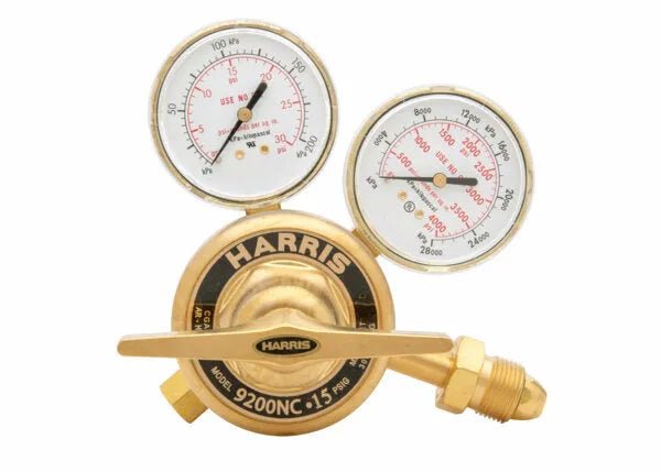 Harris 9200-125-580 welding gas regulator with dual gauges, central knob, precise pressure control; WeldingMart tool accessory.