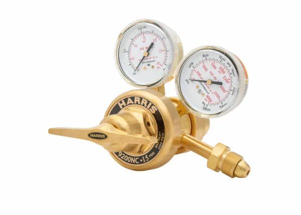 Harris 9200-250-580 two-stage regulator for welding, with dual gauges, control knob, and threaded connector for Argon, Helium, Nitrogen.