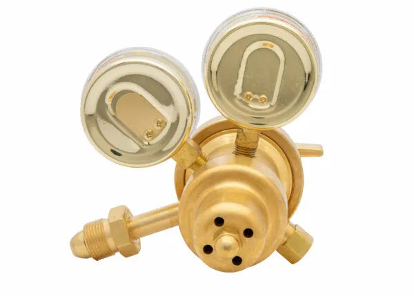 Harris 9200-250-580 Argon/Helium/Nitrogen welding regulator with dual gauges and knobs, top view, on white background.