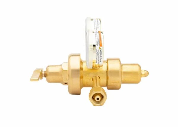 A brass Oxygen regulator with a pressure gauge on top, a control valve on one side, and a hose connector on the bottom, ideal for welding applications or laboratory industrial use, isolated on a white background.