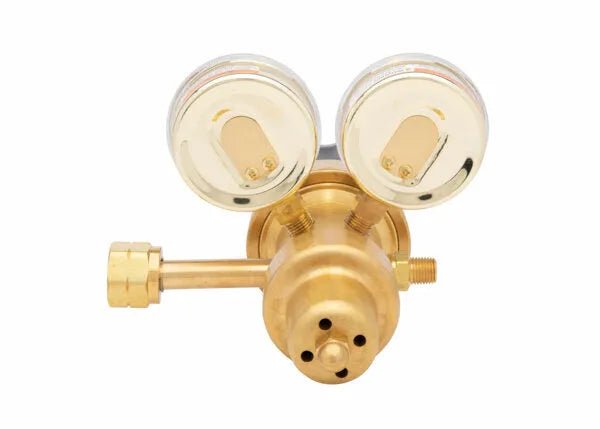 Harris 9235-350-350 Two Stage Hydrogen/Methane Regulator for welding, with dual gauges and side valve, on white background.