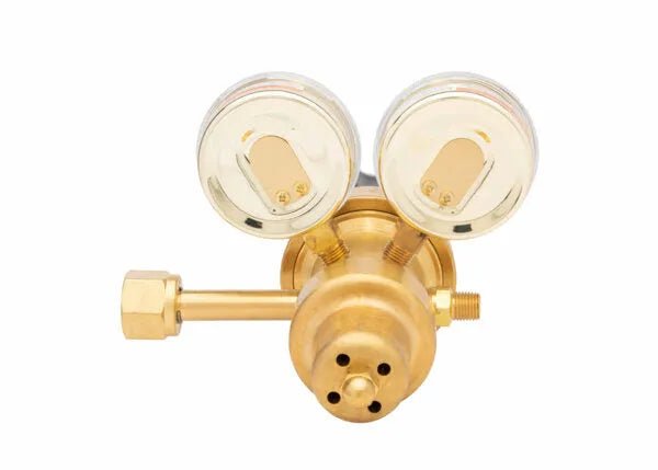 Harris 9235-350-540 Two Stage Oxygen Regulator for welding, with dual gauges and manifold ports, shown on white background.