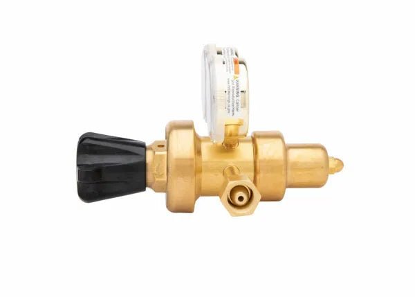 Harris 9235-350-540 Two Stage Oxygen Regulator for welding, brass body, pressure gauge, black knob, on white background.