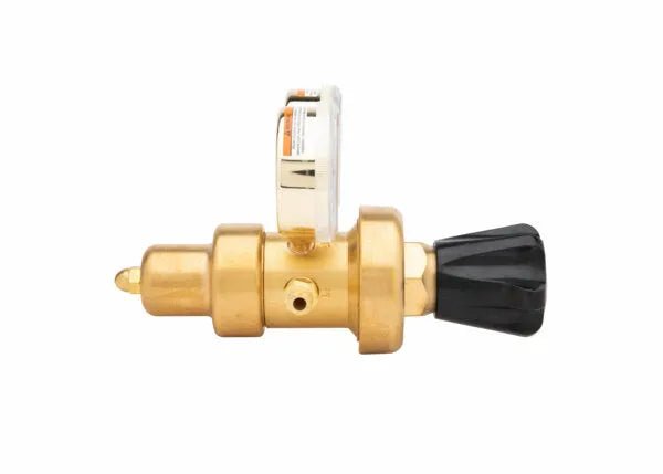 Harris 9235-350-540 Two Stage Oxygen Regulator for welding, brass body, pressure gauge, black knob, shown on white background.
