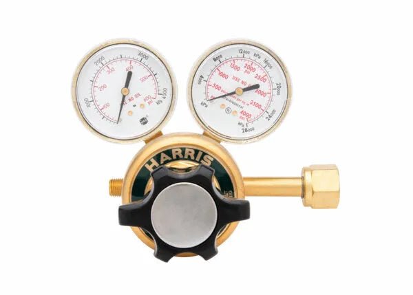 Harris 9235-350-540 two stage oxygen regulator for welding, with dual gauges, black knob, and connector, on white background.