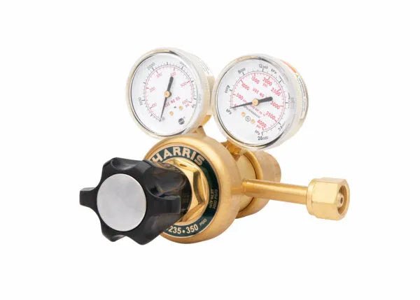 Harris 9235-350-540 Manifold Two Stage Oxygen Regulator for welding, dual gauges, black knob, brass connector on white background.