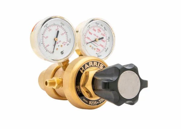 Harris 9235-350-580 Manifold Two Stage Welding Regulator with dual gauges, black knob for argon, helium or nitrogen gas control.