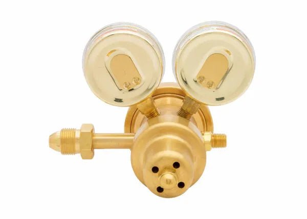 Harris 9235-350-580 two-stage argon/helium/nitrogen welding regulator with dual gauges, front view on white background.