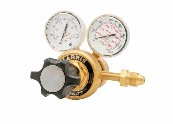 Harris 9235-350-580 two stage manifold regulator for argon, helium, nitrogen welding with gauges and black knob, WeldingMart tool.