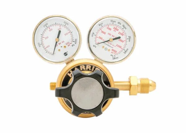 Harris 9235-350-580 Two Stage Regulator for Argon/Helium/Nitrogen with dual gauges, welding tool on white background.