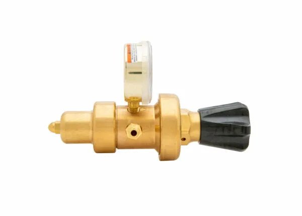 Harris 9235-350-580 manifold two-stage regulator for Argon/Helium/Nitrogen, brass body, gauge, welding tool on white background.