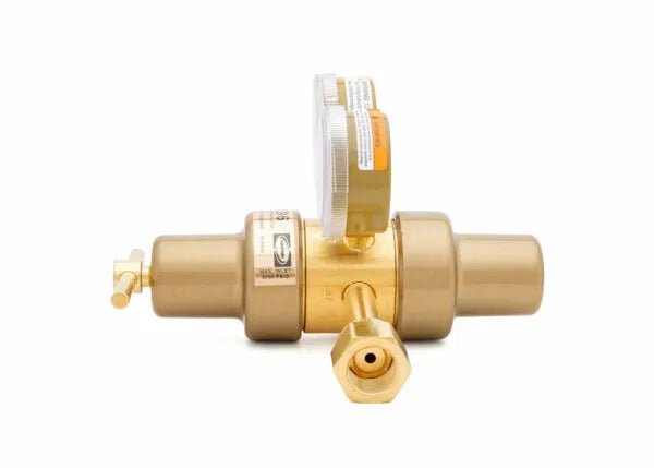 A brass two stage regulator with a pressure gauge on top, an adjustment knob on the side, and a threaded connector at the front, ideal for laboratory applications, shown against a white background.