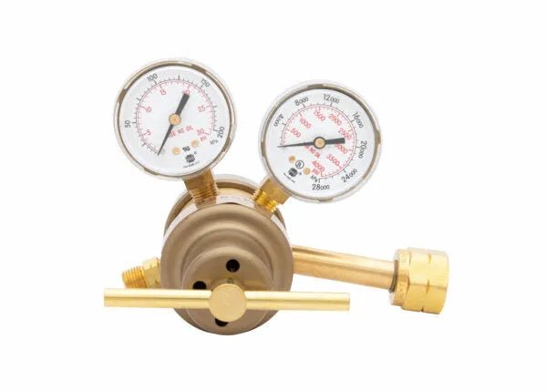 A two stage laboratory gas regulator made of brass, featuring two round pressure gauges showing psi and kPa, plus a control knob, isolated on a white background.