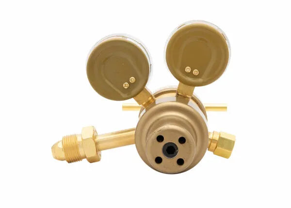 Front view of a general purpose two stage regulator with brass body, featuring two round pressure gauges on top and threaded connectors on each side, set against a white background.
