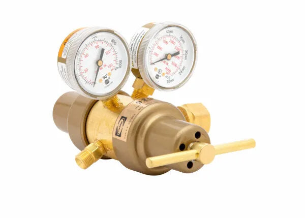 A Harris 9296 two stage regulator for argon, helium, or nitrogen features dual pressure gauges and a T-shaped handle, ideal for precise gas flow control in industrial settings. Shown on a white background.