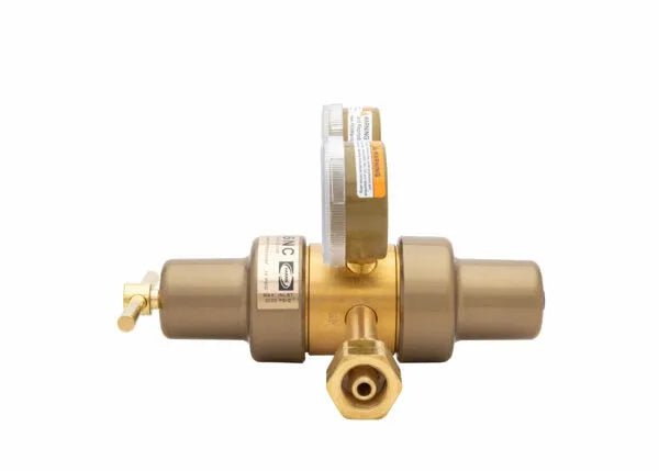 A brass refrigerant ball valve with a large round handle and labeled tags, suitable for use with a Two Stage Regulator, shown on a white background.