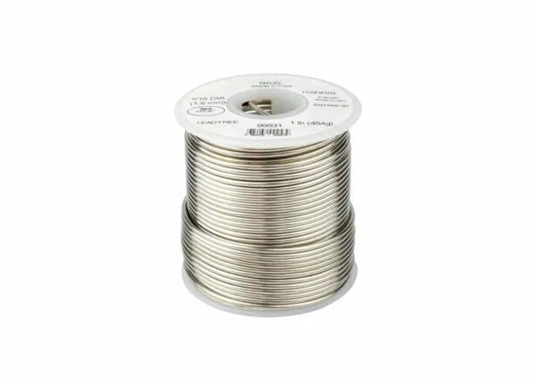 A shiny Harris 95531 95/5 Lead-Free Solid Wire Solder (1/16 in, 4 lb box) is wound around a white reel with product info and barcode on top. A white background highlights this ideal solder for copper plumbing.
