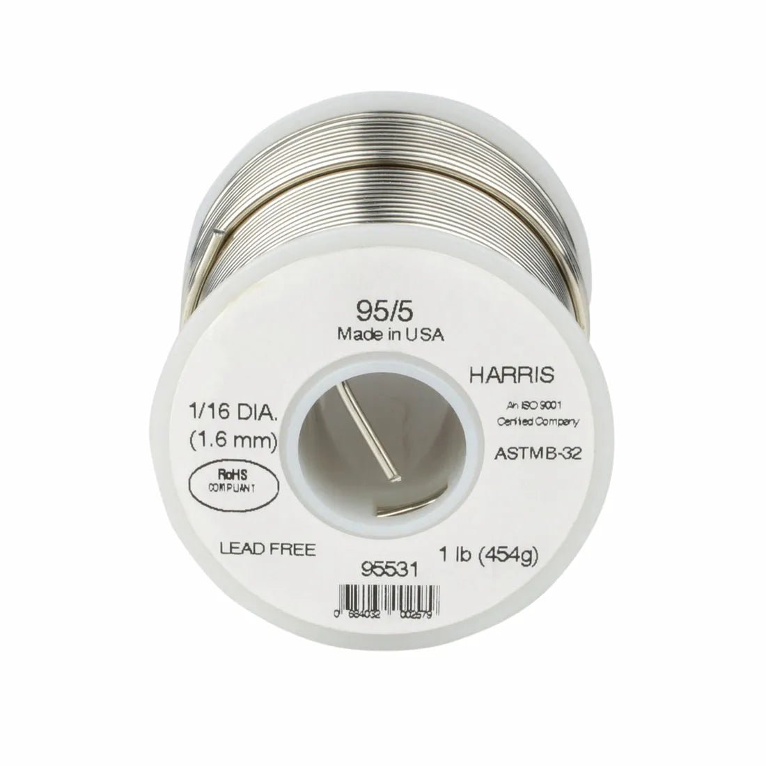 The Harris 95531 95/5 Lead-Free Solid Wire Solder comes in a 1/16 in (1.6 mm) diameter, is ideal for copper plumbing, and is available in a 4 lb box. It is labeled Made in USA and features various certification markings.