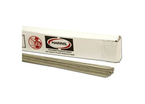 A white rectangular box labeled “Harris” in black and red sits on a white background. Several thin Harris 99 Nickel TIG GTAW Welding Rods (3/32, 5# Box - NI99T50) extend from the open box, suitable for cast iron repair.