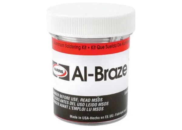 Harris Al-Braze 1070 Aluminum Brazing Alloy Kit (1070K) welding accessory, red/white container, made in USA, safety labeled.