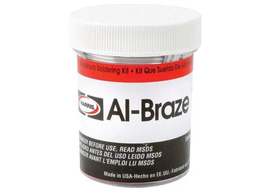 Harris Al-Braze 1070 Aluminum Brazing Alloy Kit (1070K) welding accessory, red/white container, made in USA, safety labeled.