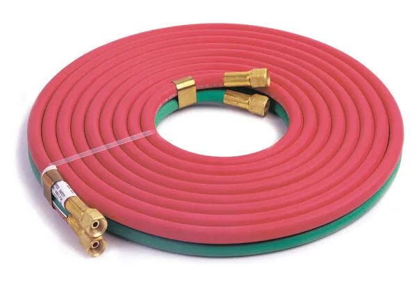 Harris R-Grade Twin Welding Hose 3/16"x20' with brass fittings, secure band, all fuel gas compatible—WeldingMart equipment.