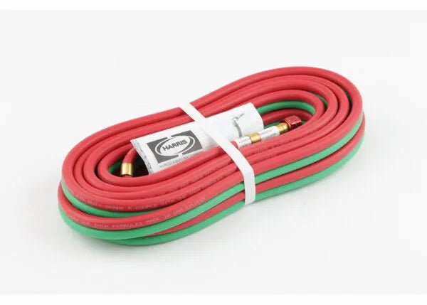 Harris All Fuel Gas Twin Welding Hose T-Grade 1/4"x12.5', red/green, brass connectors, WeldingMart welding accessory.