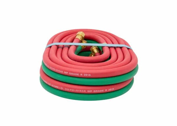 Harris T-Grade 1/4" x 20' twin welding hose, red and green, brass fittings, for all fuel gases, WeldingMart tool accessory.