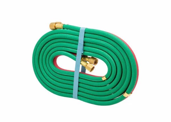 Harris All Fuel Gas Twin Welding Hose T-Grade 3/16" x 20' with green/red hoses, brass fittings, blue strap from WeldingMart.