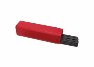 The Harris Alloy 65 Nickel Iron Stick SMAW Welding Rod 1/8 5 Tube 0006560 comes in a red rectangular plastic container with rods partially visible, ideal for cast iron repair using the SMAW process.