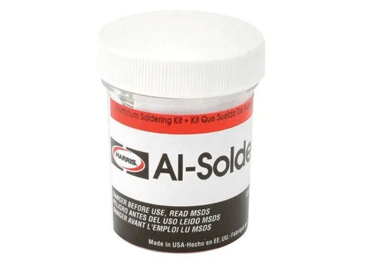 Harris ALSOL500 ALUM KT ORM-D 500K welding flux kit, white lid, warnings in 3 languages, WeldingMart accessory container.