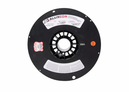 Harris Aluxcor 4047 F15.1 Aluminum Flux-Cored Brazing Alloy spool for welding HVAC aluminum, shown from above, labels visible.