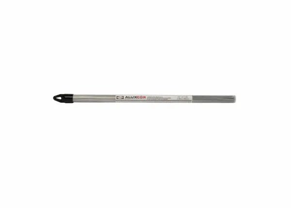 Harris Aluxcor 4047 flux cored brazing alloy rods in clear tube, welding accessory for aluminum HVAC flame brazing tasks.