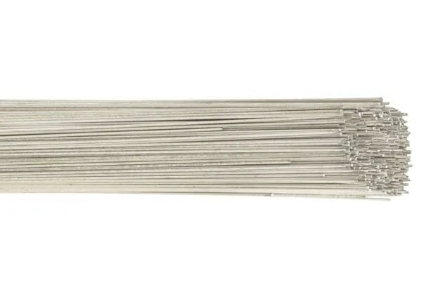 A bundle of Harris AZ61A Magnesium TIG Welding Rods (1/8 x 36, 3# box - AZ61T60) shows silver rods stacked in parallel, ends aligned. The smooth, reflective rods are perfect for Magnesium TIG welding.
