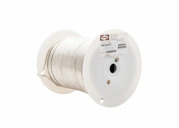 A 25 lb spool of Harris BRGT625 Bridgit Lead-Free Solid Wire Solder (0.118 in/3.0 mm) is wound around a large white plastic reel with a labeled side and barcode, set against a plain white background with the wire neatly coiled.