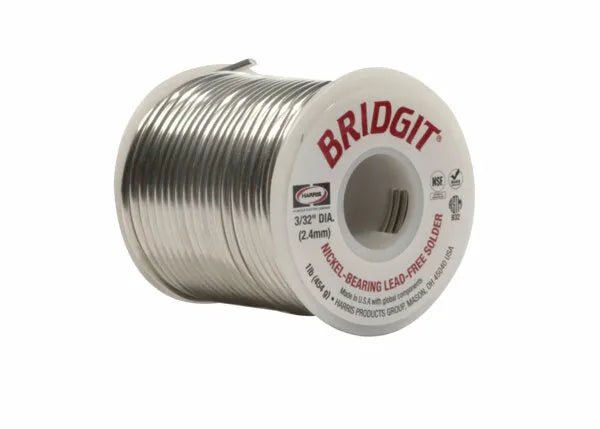 A white spool labeled in red and black holds Harris BRGT51 Bridgit Lead-Free Solid Wire Solder, 3/32 in (2.4 mm), featuring product certifications and solder branding; packed in a 25 lb box.