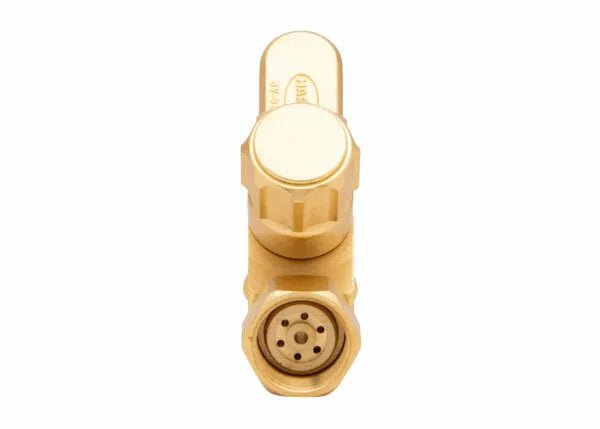 A close-up view of a gold-colored hexagonal mechanical component, possibly part of a machine cutting torch or beveling head, with visible grooves and a circular end featuring multiple small holes.